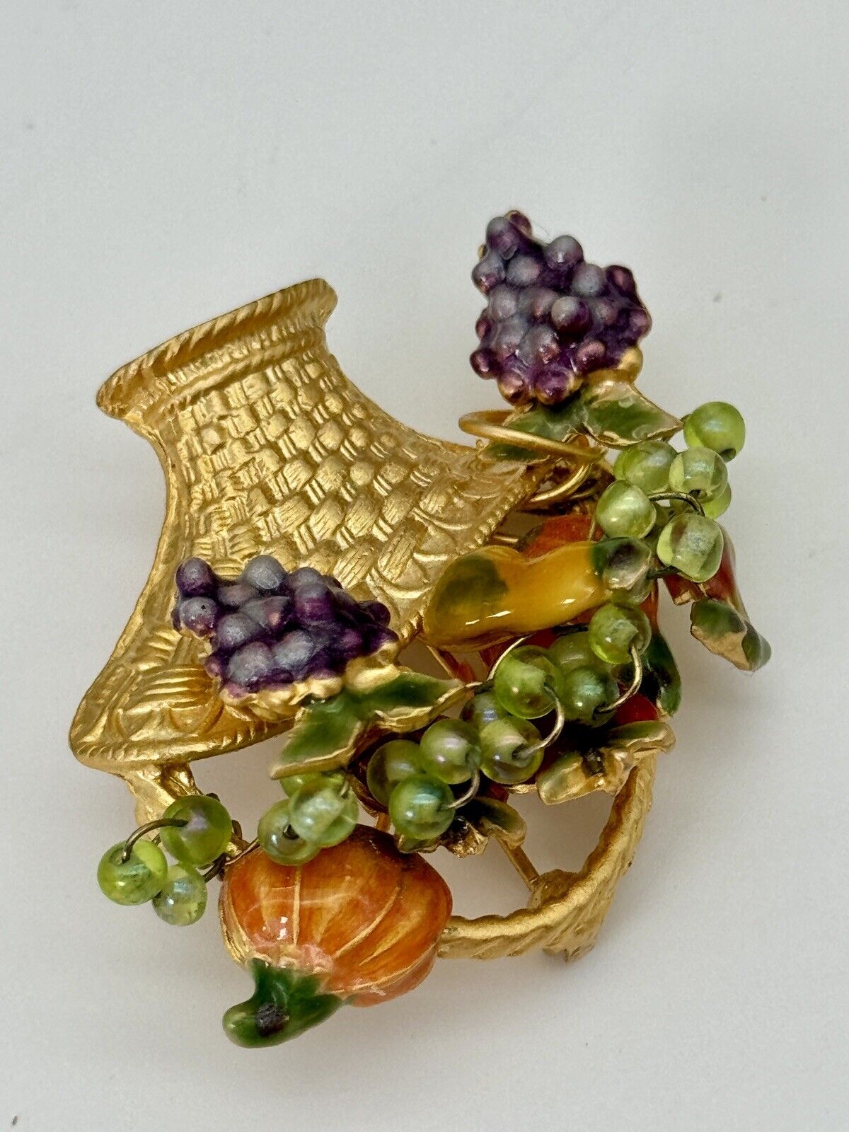 Vintage Fruit Basket Brooch Gold Tone