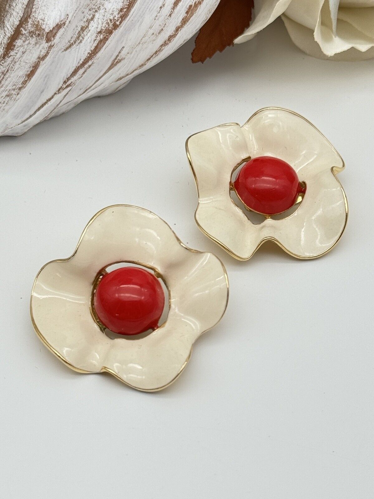 Vintage Enameled Clip On Earrings Flower Cream & Red Estate Find