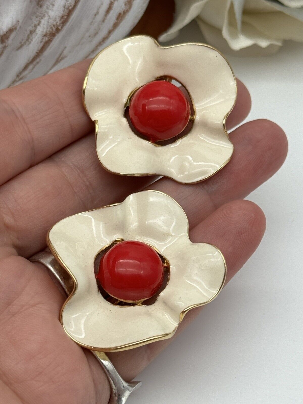 Vintage Enameled Clip On Earrings Flower Cream & Red Estate Find