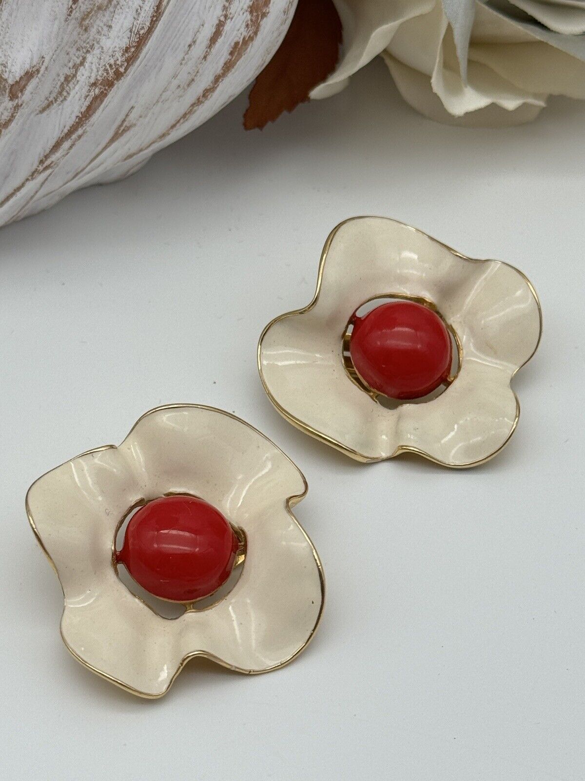 Vintage Enameled Clip On Earrings Flower Cream & Red Estate Find