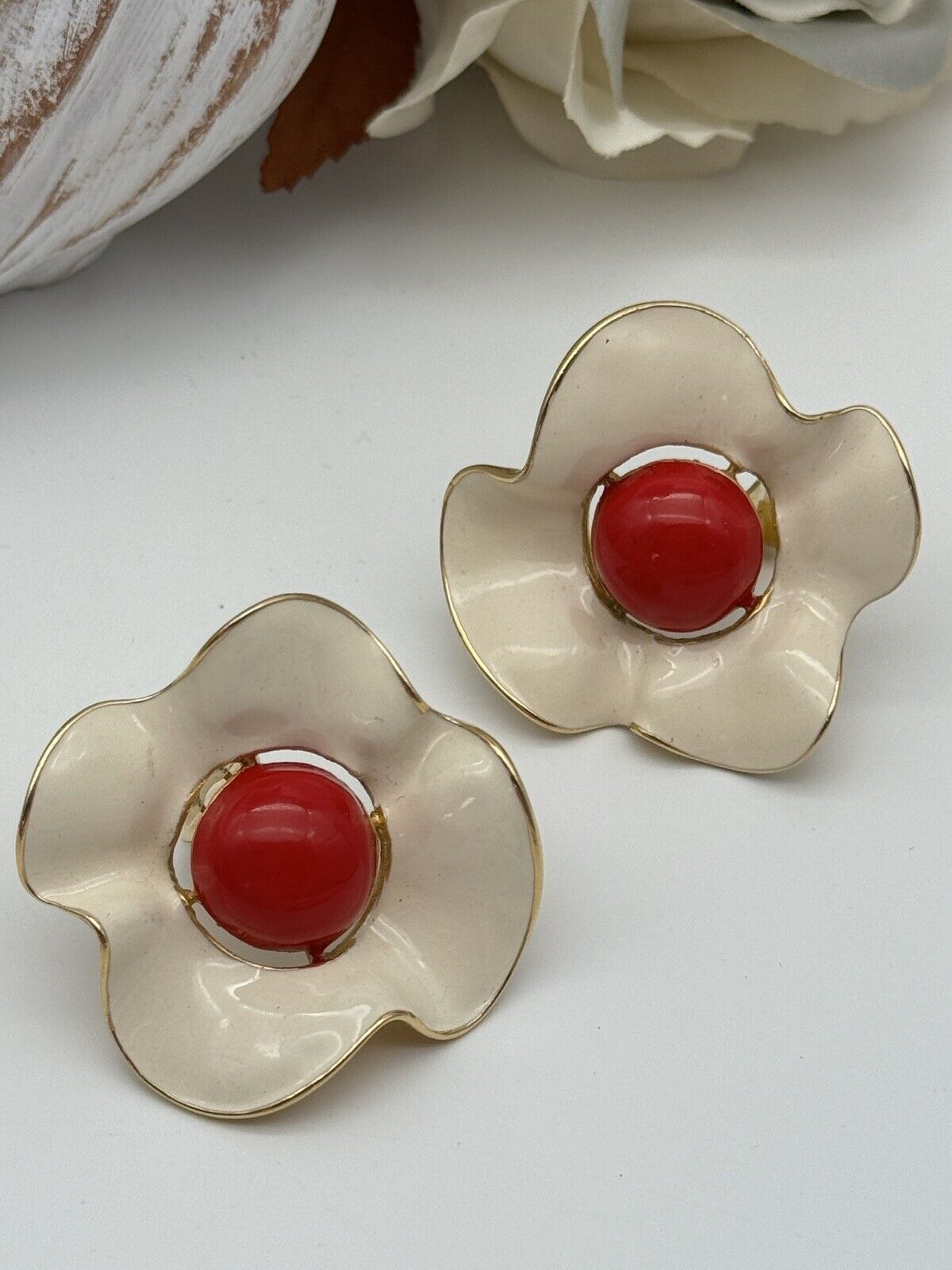 Vintage Enameled Clip On Earrings Flower Cream & Red Estate Find