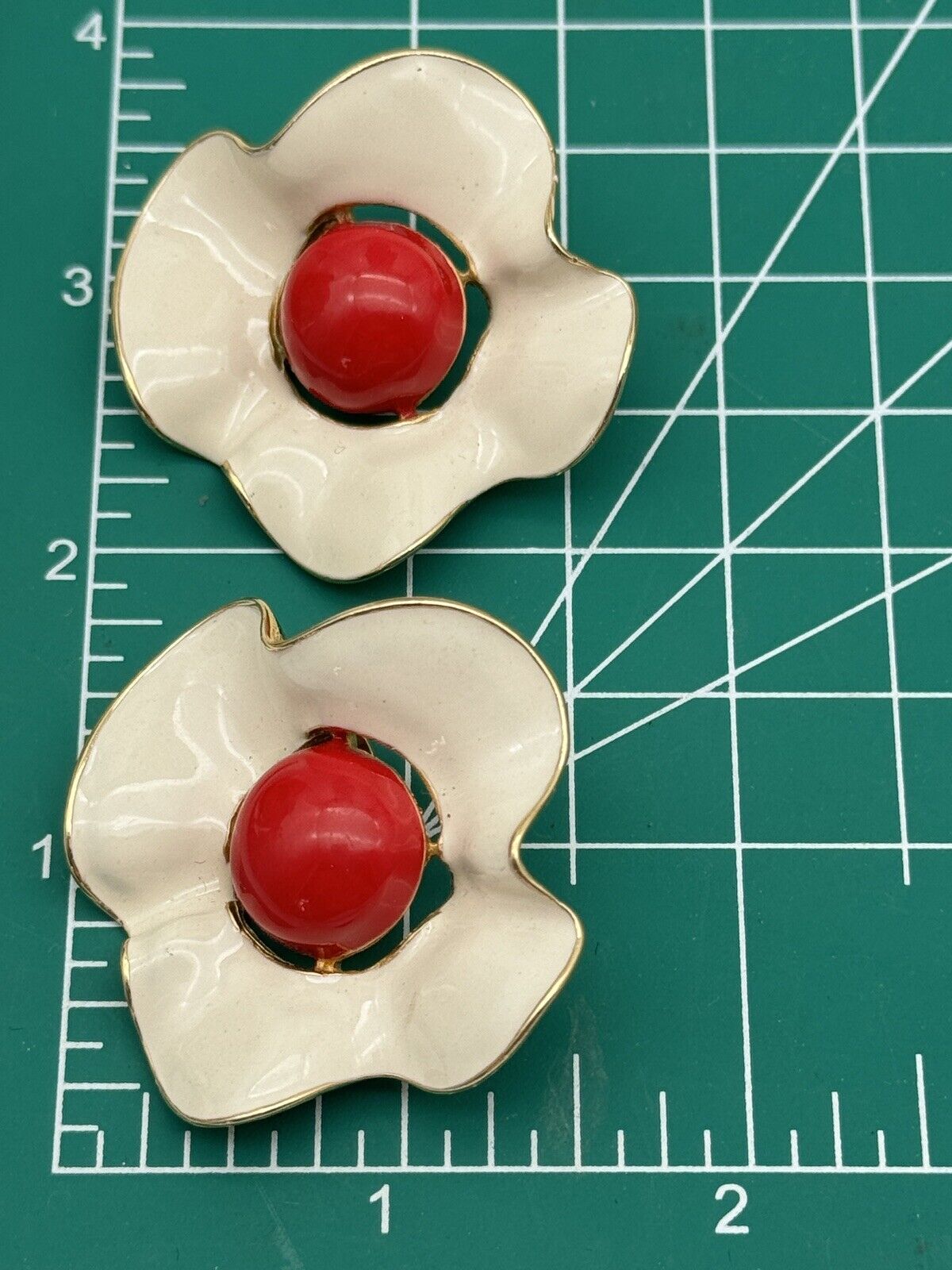 Vintage Enameled Clip On Earrings Flower Cream & Red Estate Find