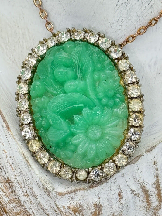 VINTAGE Faux Jade Pendant Brooch Rhinestone Accents Resin