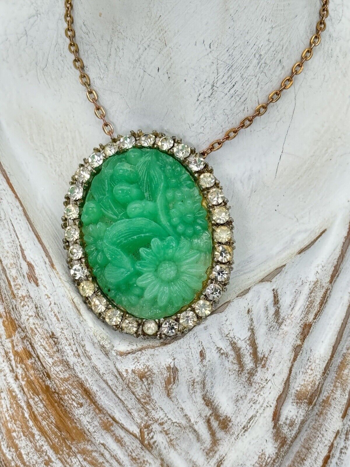 VINTAGE Faux Jade Pendant Brooch Rhinestone Accents Resin