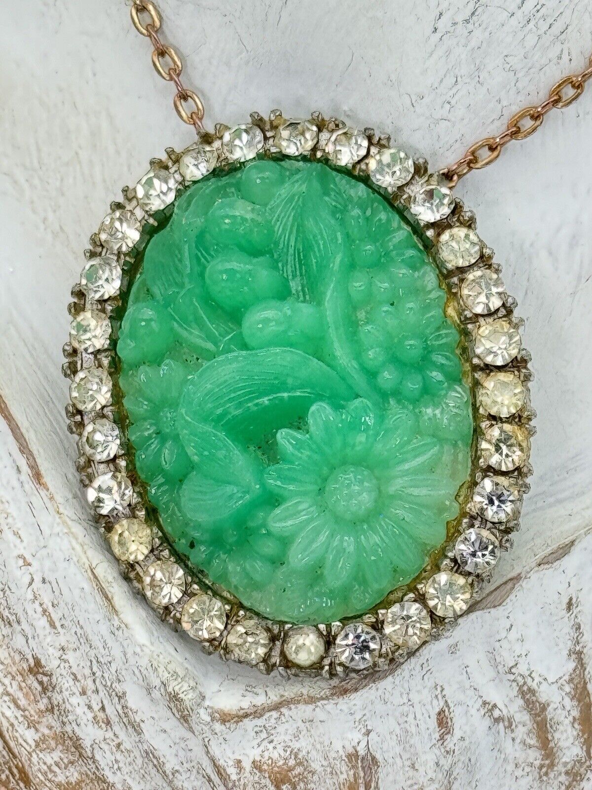 VINTAGE Faux Jade Pendant Brooch Rhinestone Accents Resin