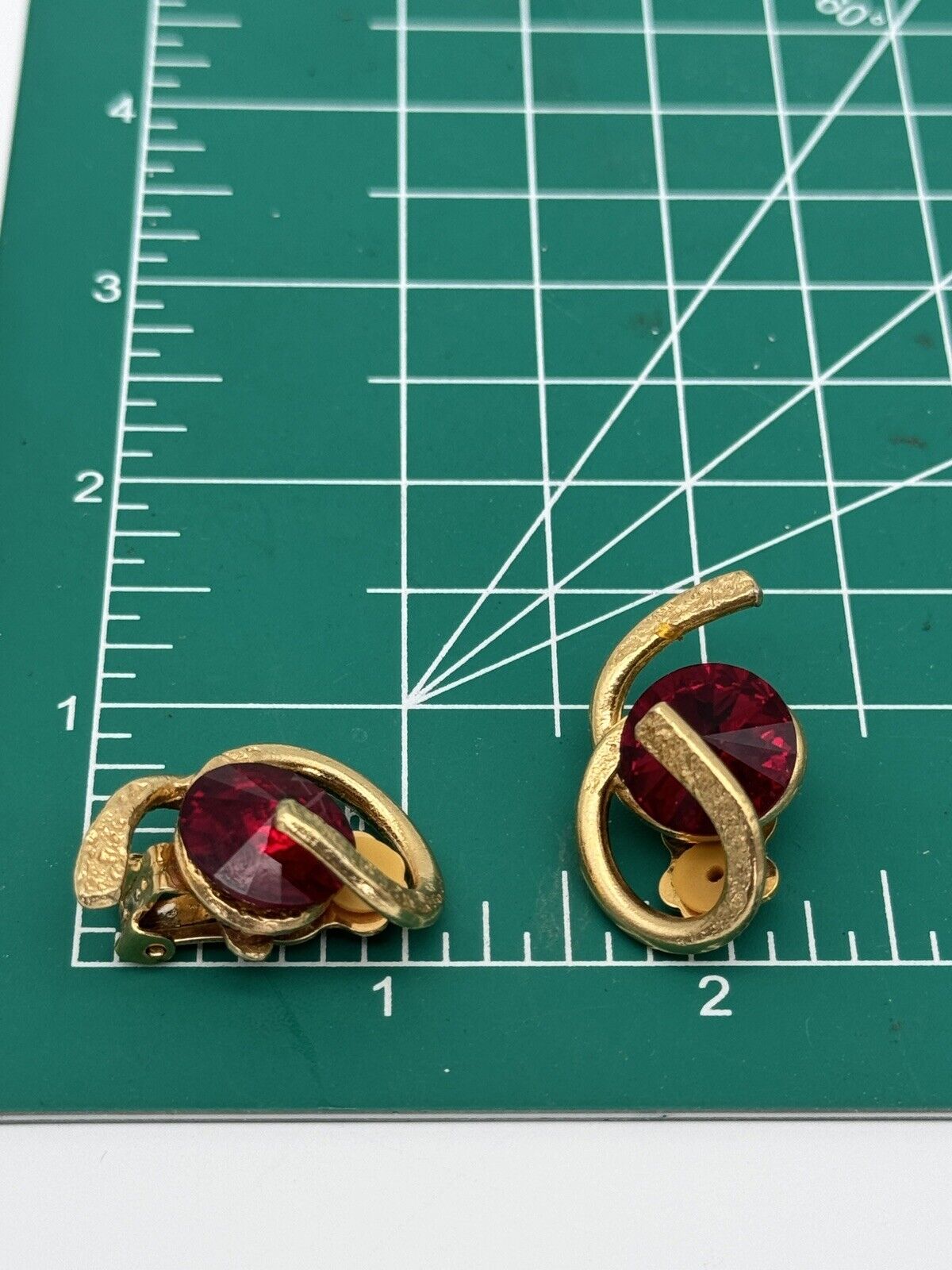 Modernist Red Rhinestone Couture Clip-on Earrings J. Jansen 24k Gold Plated