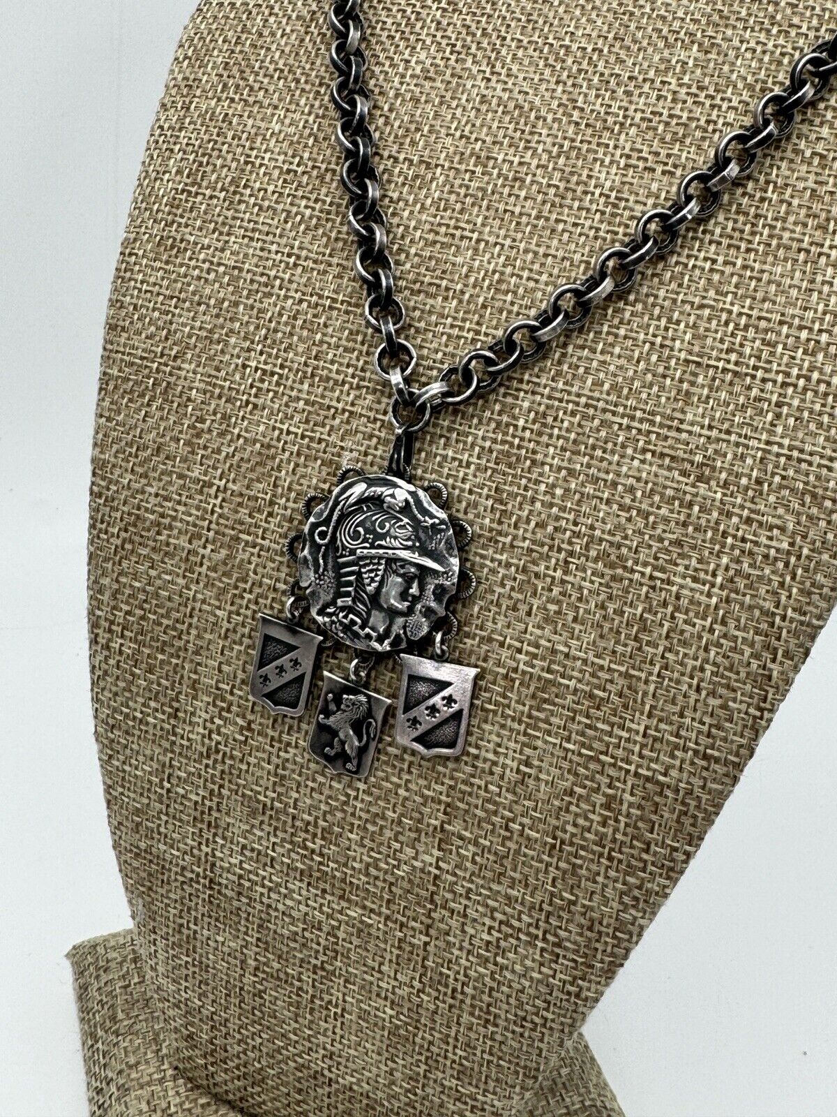 Vintage Silver Tone Roman Soldier Coin Style Dragon Helmet Pendant Necklace