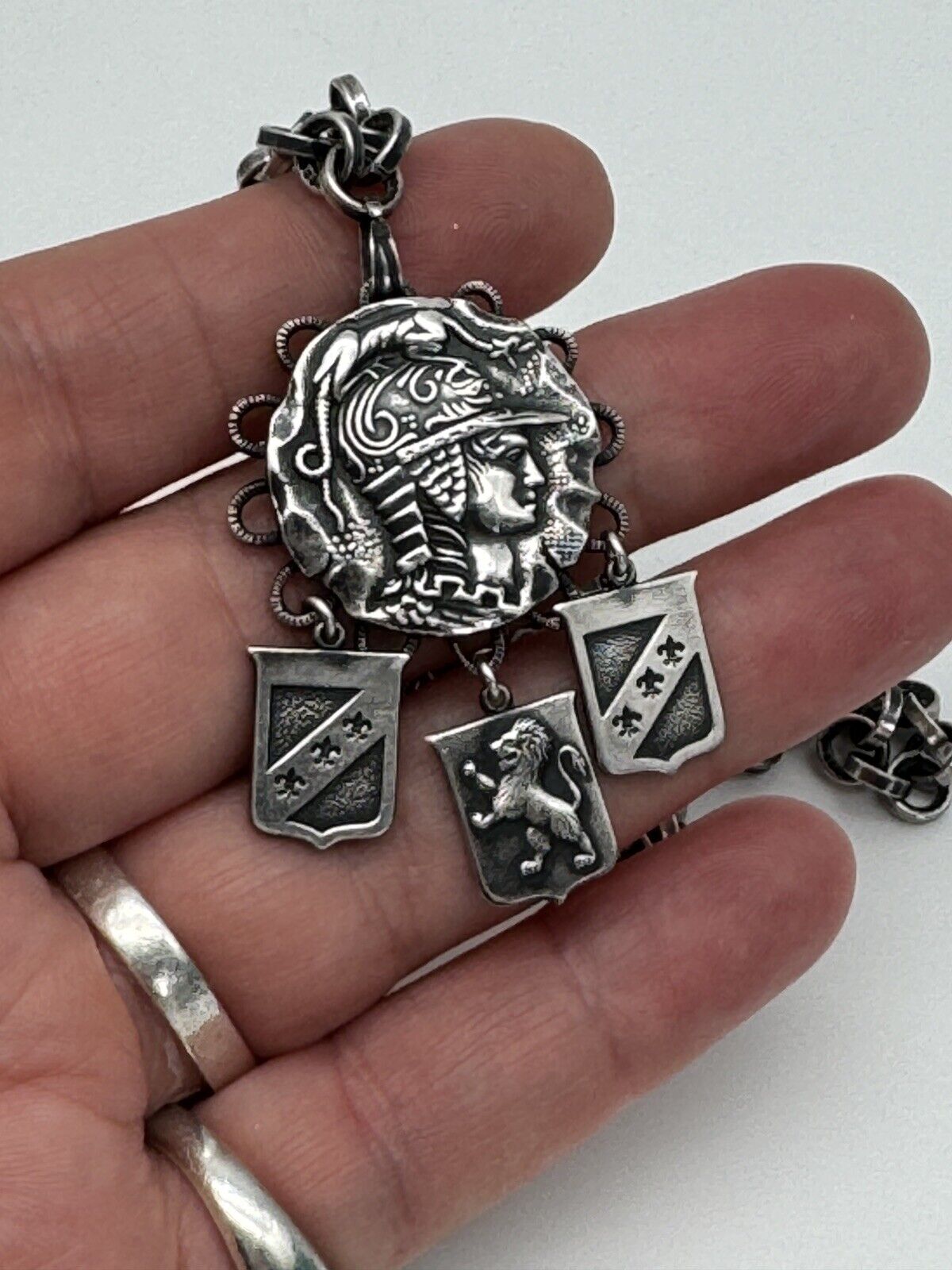 Vintage Silver Tone Roman Soldier Coin Style Dragon Helmet Pendant Necklace