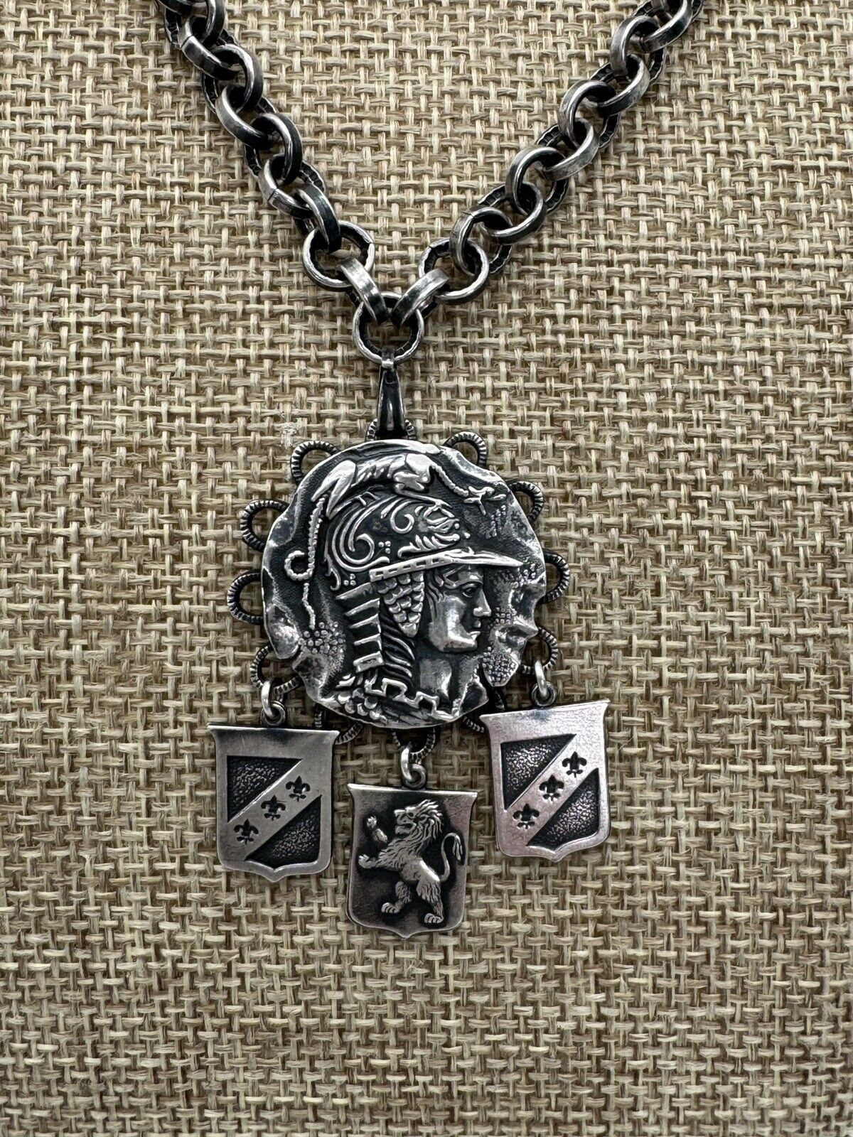 Vintage Silver Tone Roman Soldier Coin Style Dragon Helmet Pendant Necklace