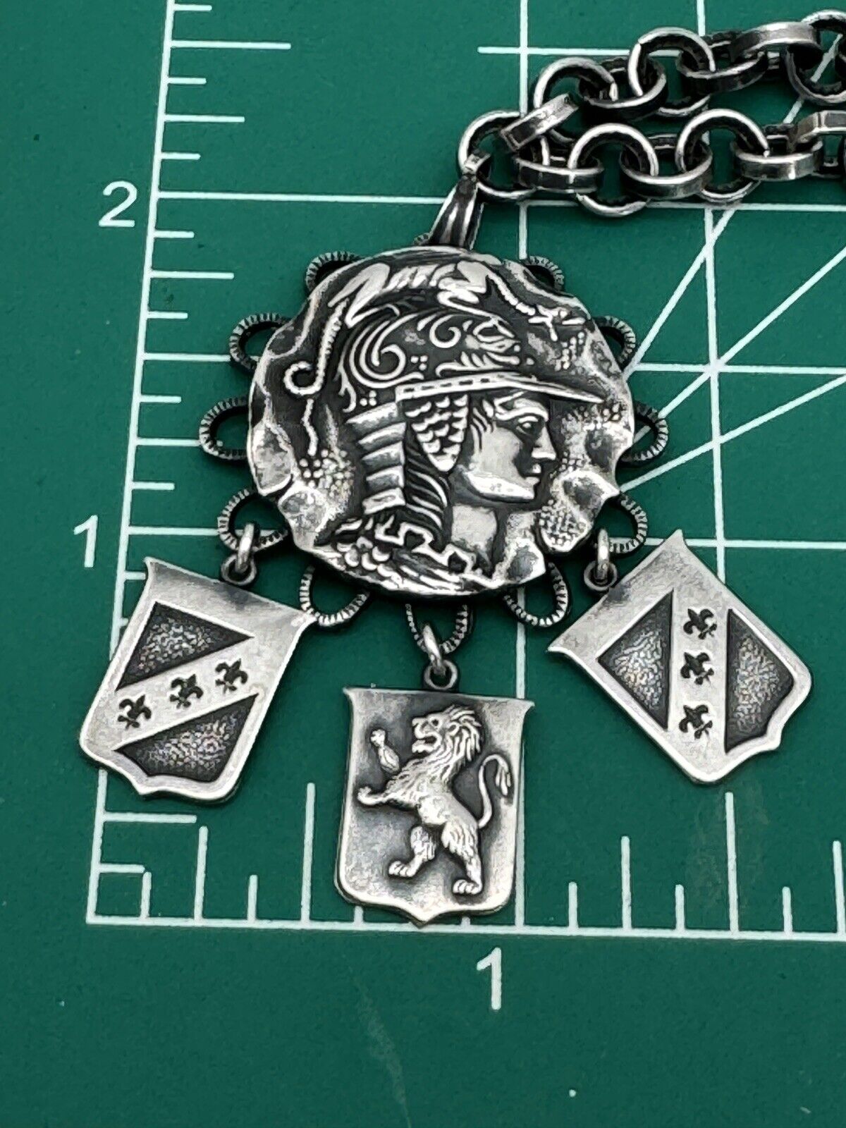 Vintage Silver Tone Roman Soldier Coin Style Dragon Helmet Pendant Necklace