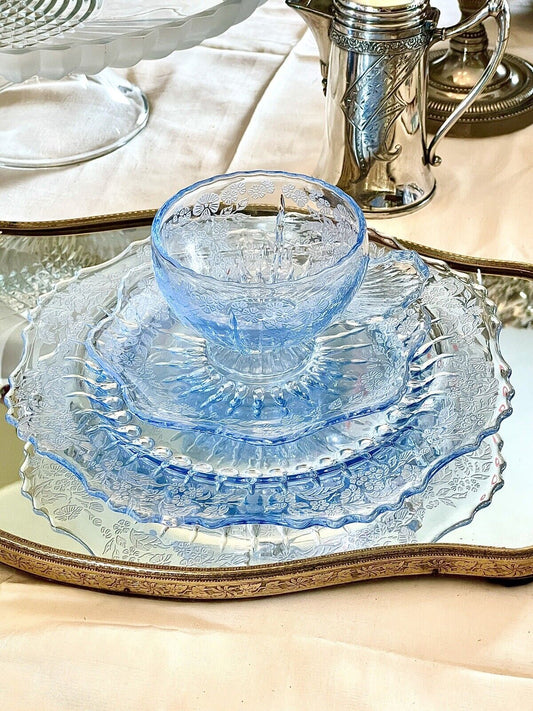 New Martinsville Radiance Ice Blue Etched Floral Design 1930s 3 Pc Luncheon Set