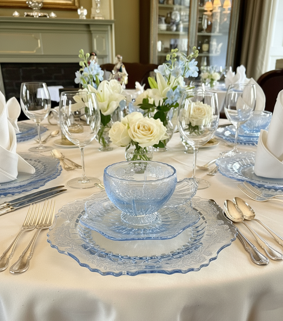New Martinsville Radiance Ice Blue Etched Floral Design 1930s 3 Pc Luncheon Set RARE