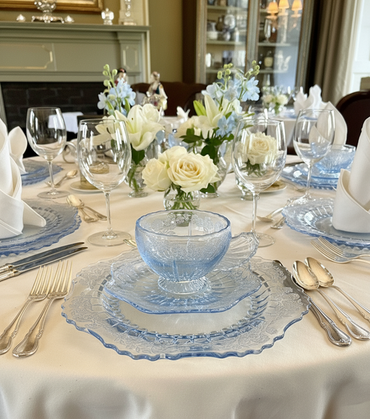 New Martinsville Radiance Ice Blue Etched Floral Design 1930s 3 Pc Luncheon Set RARE