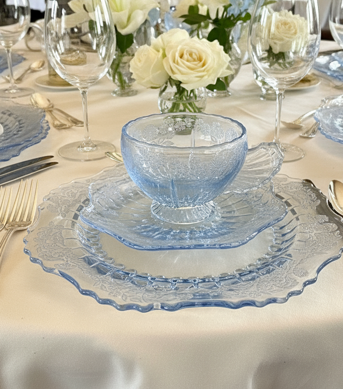 New Martinsville Radiance Ice Blue Etched Floral Design 1930s 3 Pc Luncheon Set RARE