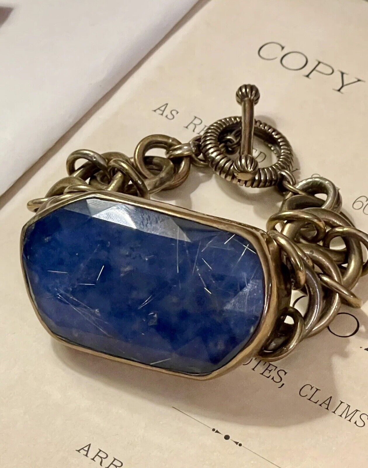 MASSIVE Stephen Dweck STERLING Bronze Washed 150g Toggle Bracelet Blue Gem Stone