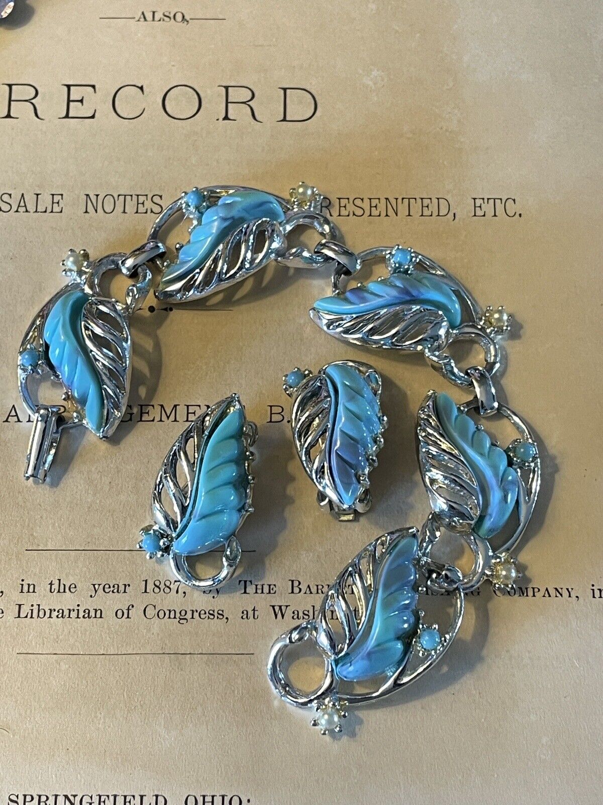 Vintage Faux Turquoise Silver Tone Bracelet With Earrings