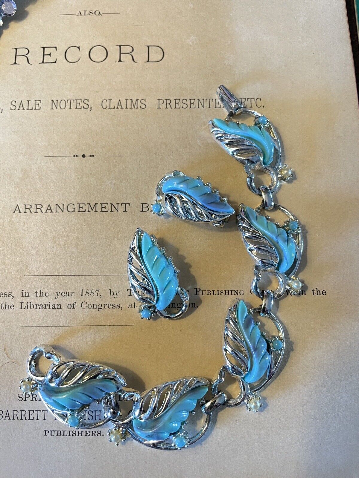 Vintage Faux Turquoise Silver Tone Bracelet With Earrings