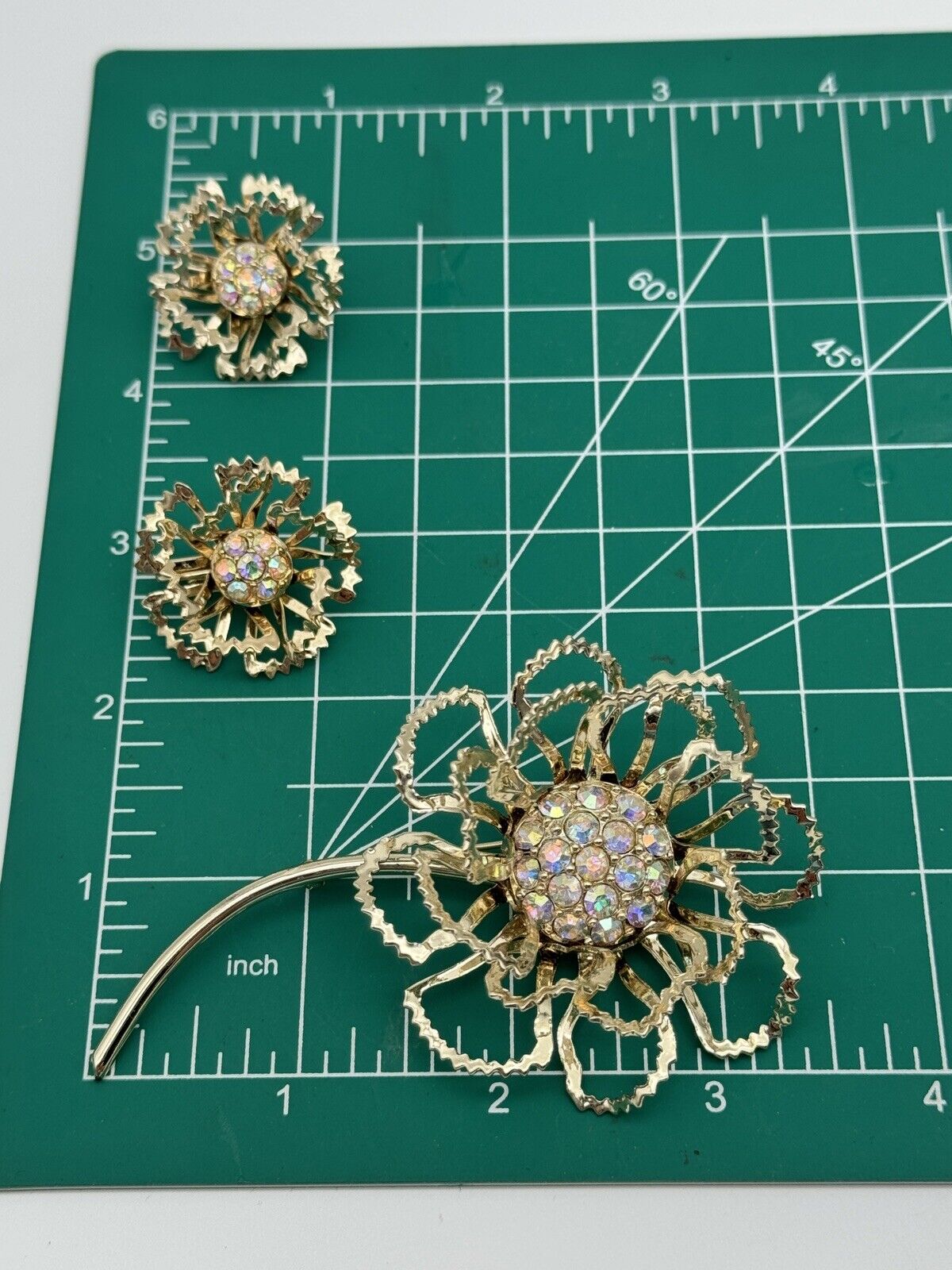 Sarah Coventry Brooch & Earrings Allusion Flower AB Rhinestones Vintage 1968