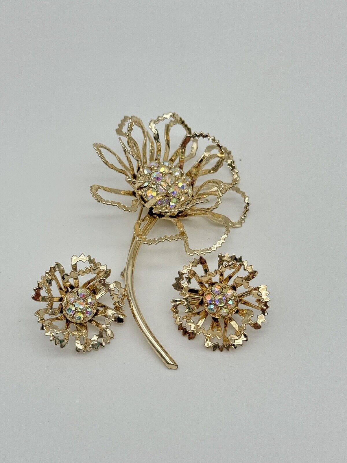 Sarah Coventry Brooch & Earrings Allusion Flower AB Rhinestones Vintage 1968