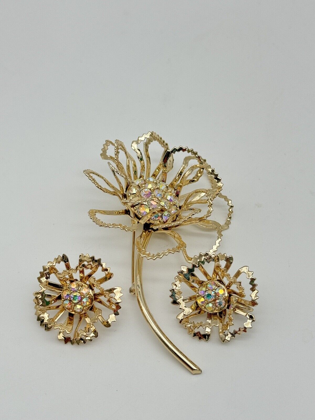 Sarah Coventry Brooch & Earrings Allusion Flower AB Rhinestones Vintage 1968