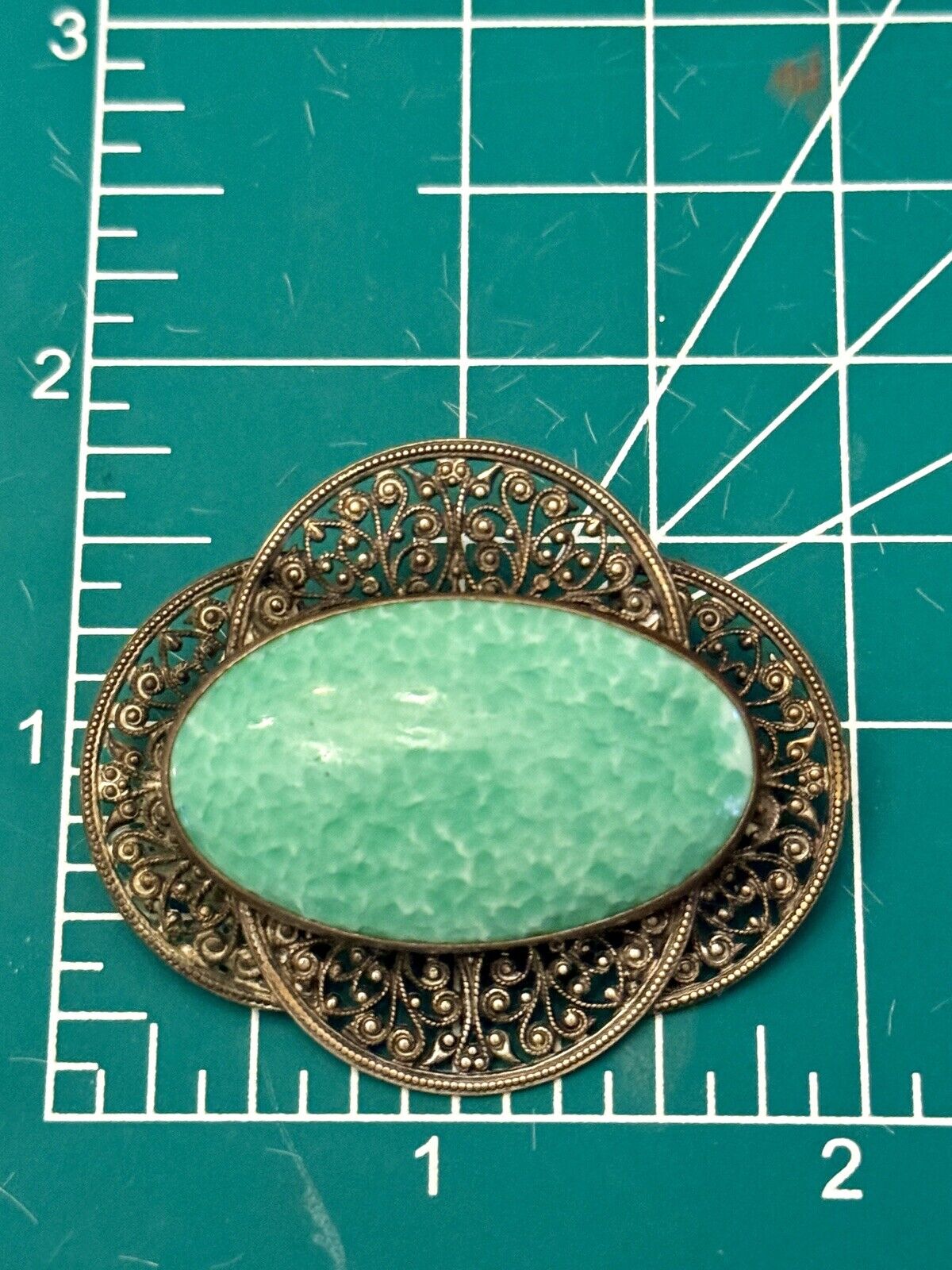 Antique Edwardian Green Peking Glass Czech Style Filigree Brooch