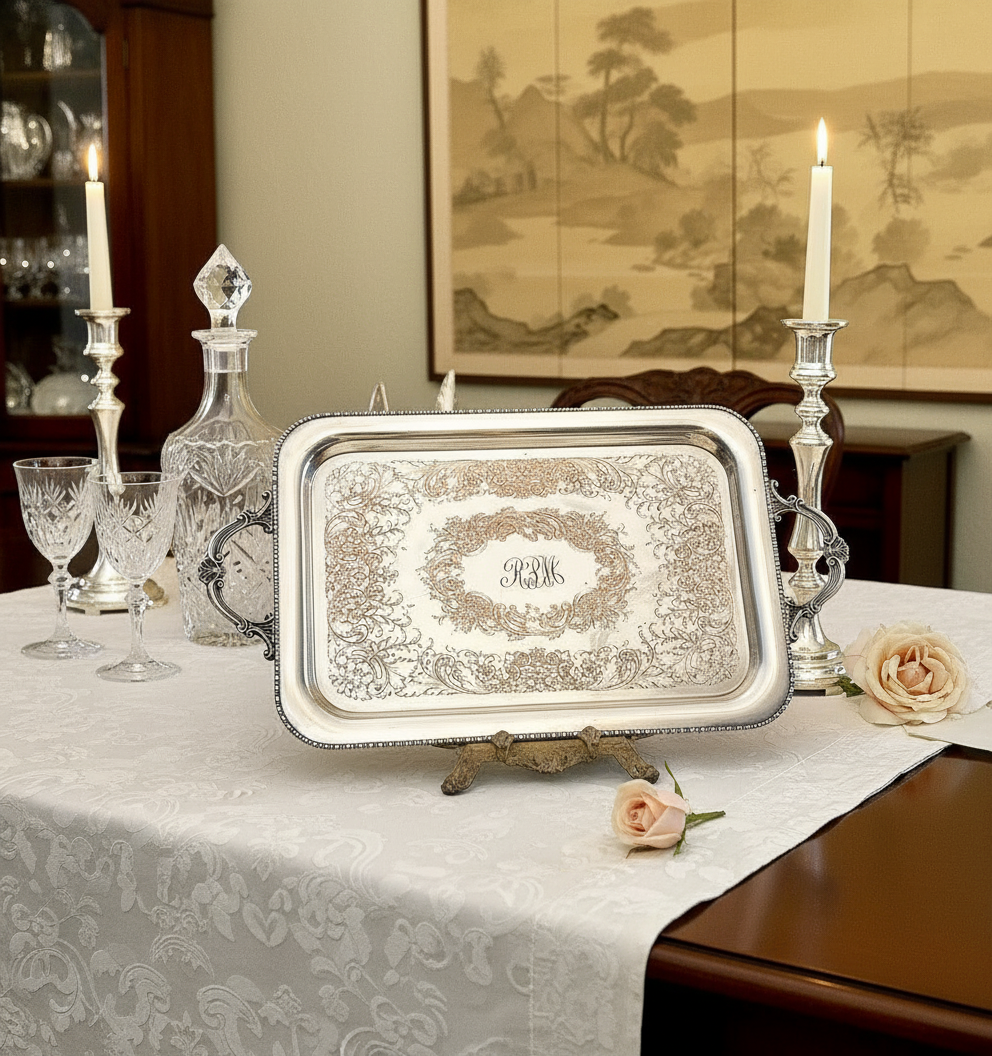 Silverplate Butler Tray MIDDLETOWN  Silver on Copper monogram Shabby Chic circa