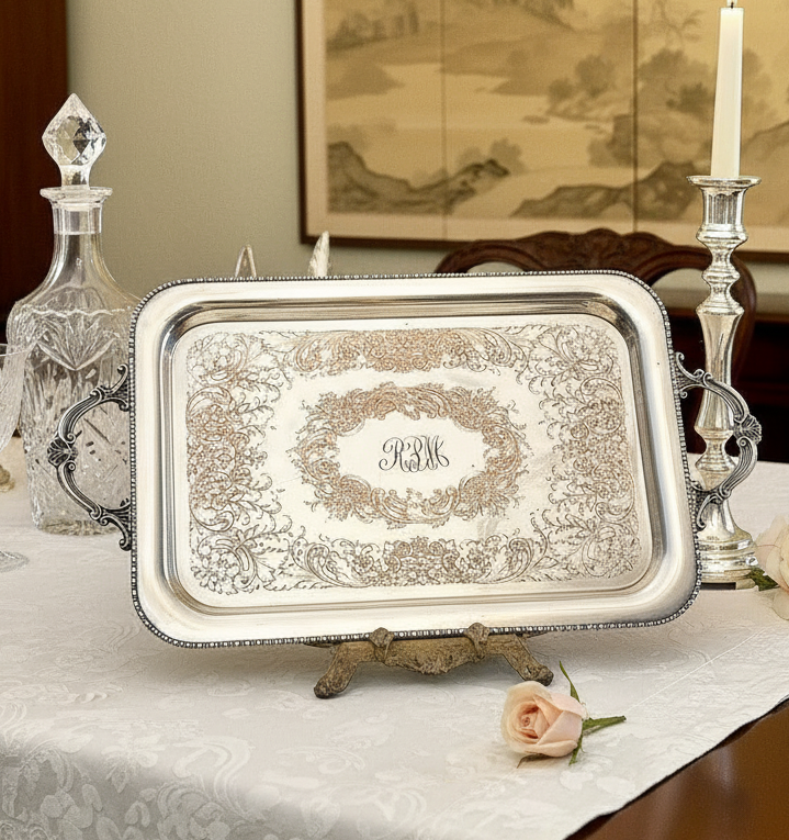 Silverplate Butler Tray MIDDLETOWN  Silver on Copper monogram Shabby Chic circa