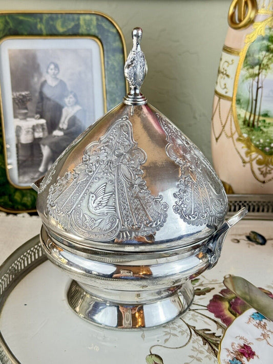 Victorian Silverplate Butter Dish Bird Motif Funnel Dome Aesthetic Movement READ