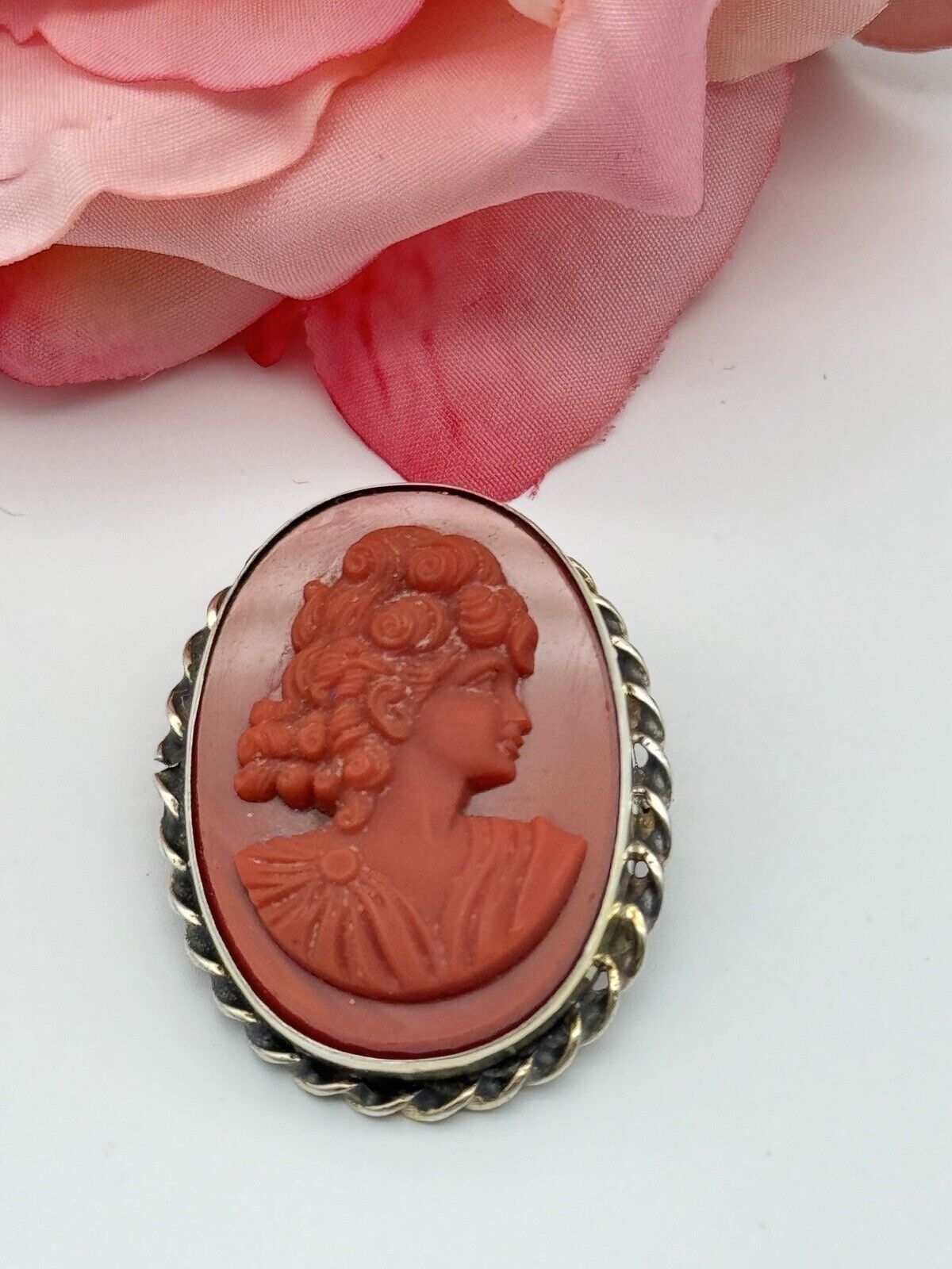 Vintage Carnelian Style Sterling Silver Cameo Brooch Roped Frame ESTATE FIND