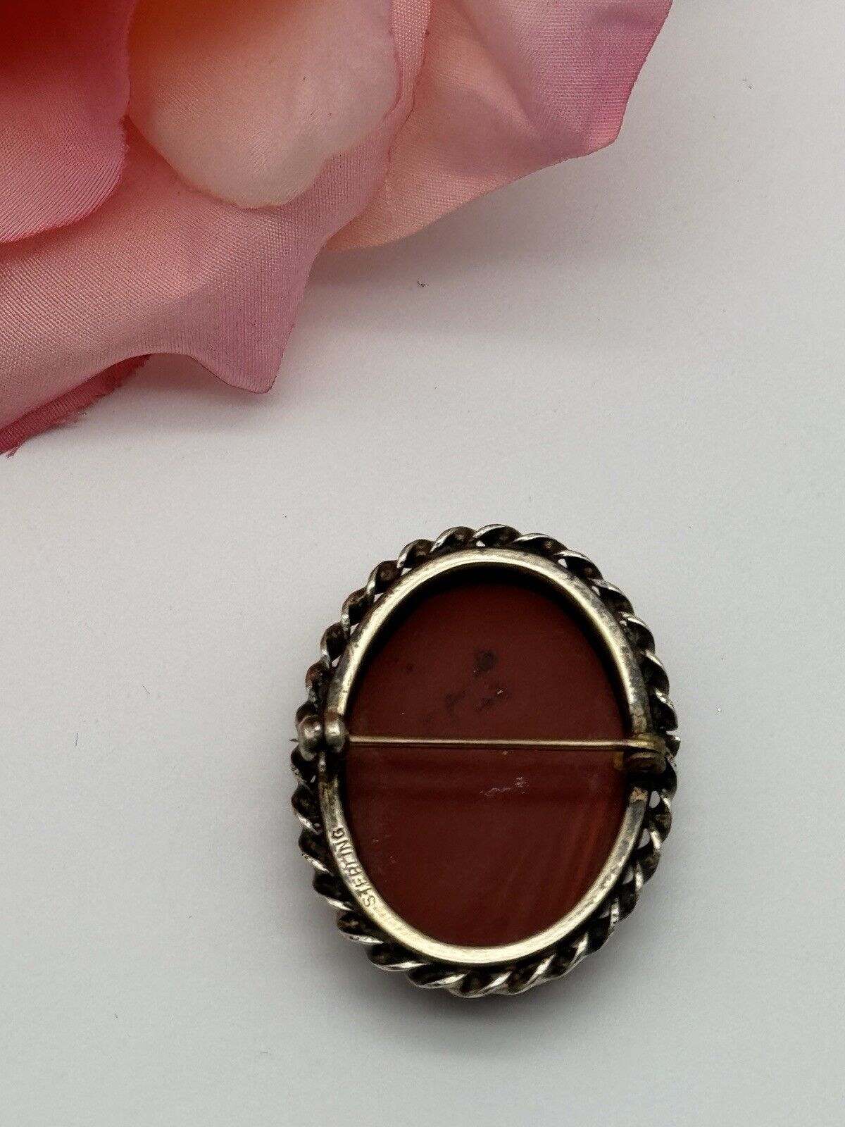 Vintage Carnelian Style Sterling Silver Cameo Brooch Roped Frame ESTATE FIND