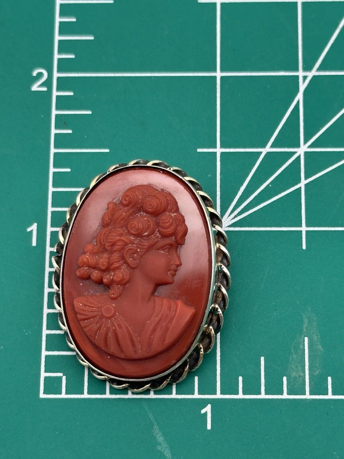 Vintage Carnelian Style Sterling Silver Cameo Brooch Roped Frame ESTATE FIND