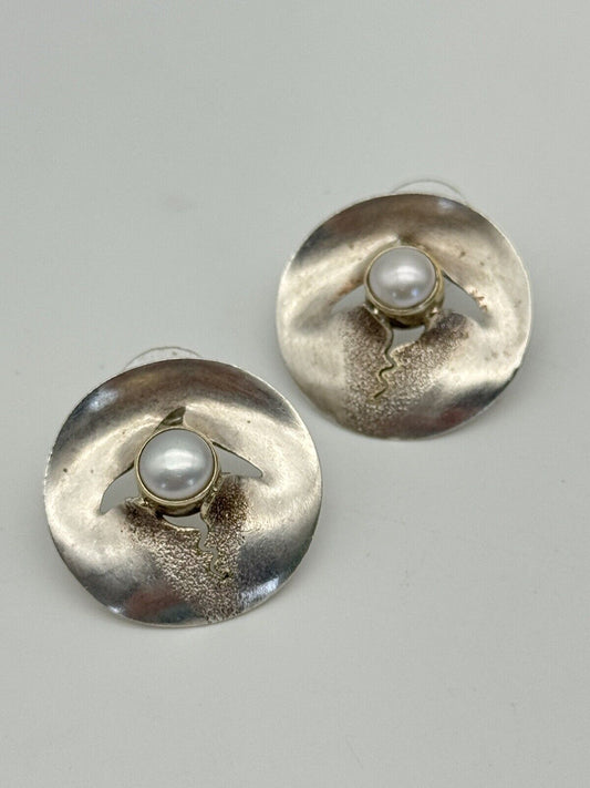 Vintage Modernist Style Sterling 925 Earrings With Pearl Artisan SIGNED