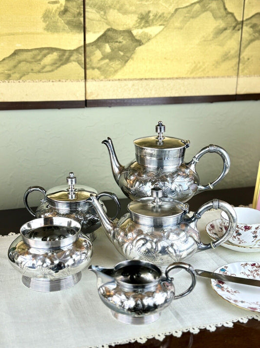 Antique Silverplate 5 Piece Tea Set Repousse Rose Pattern Shabby Chic