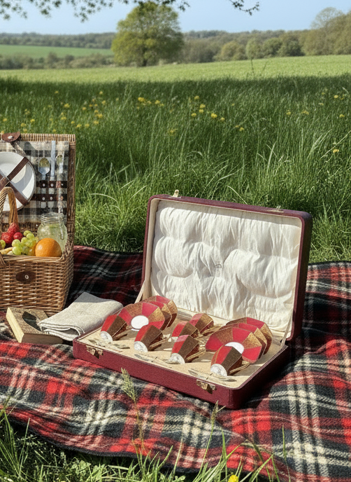 Traveling Picnic Boxed Tea Set Sterling Spoons Mappin & Webb & Royal Doulton