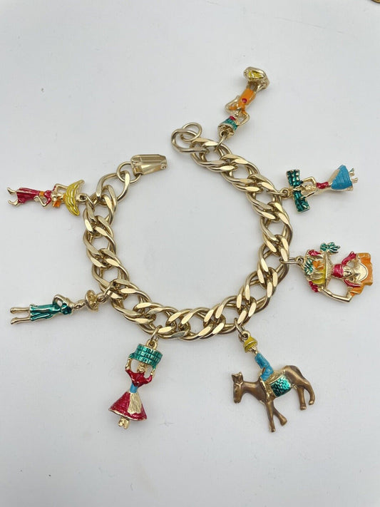 Rare Vintage Enamel South America Vacation Charm Bracelet Gold Tone 7.25”