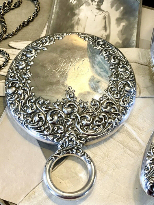 Antique Sterling Silver Scroll Mirror Wallace Matching Hair Brush Monogram