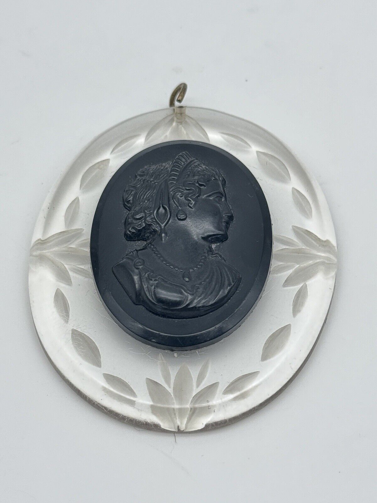 Large Vintage Black Cameo Pendant Thermoset On Clear Carved Lucite ESTATE FIND