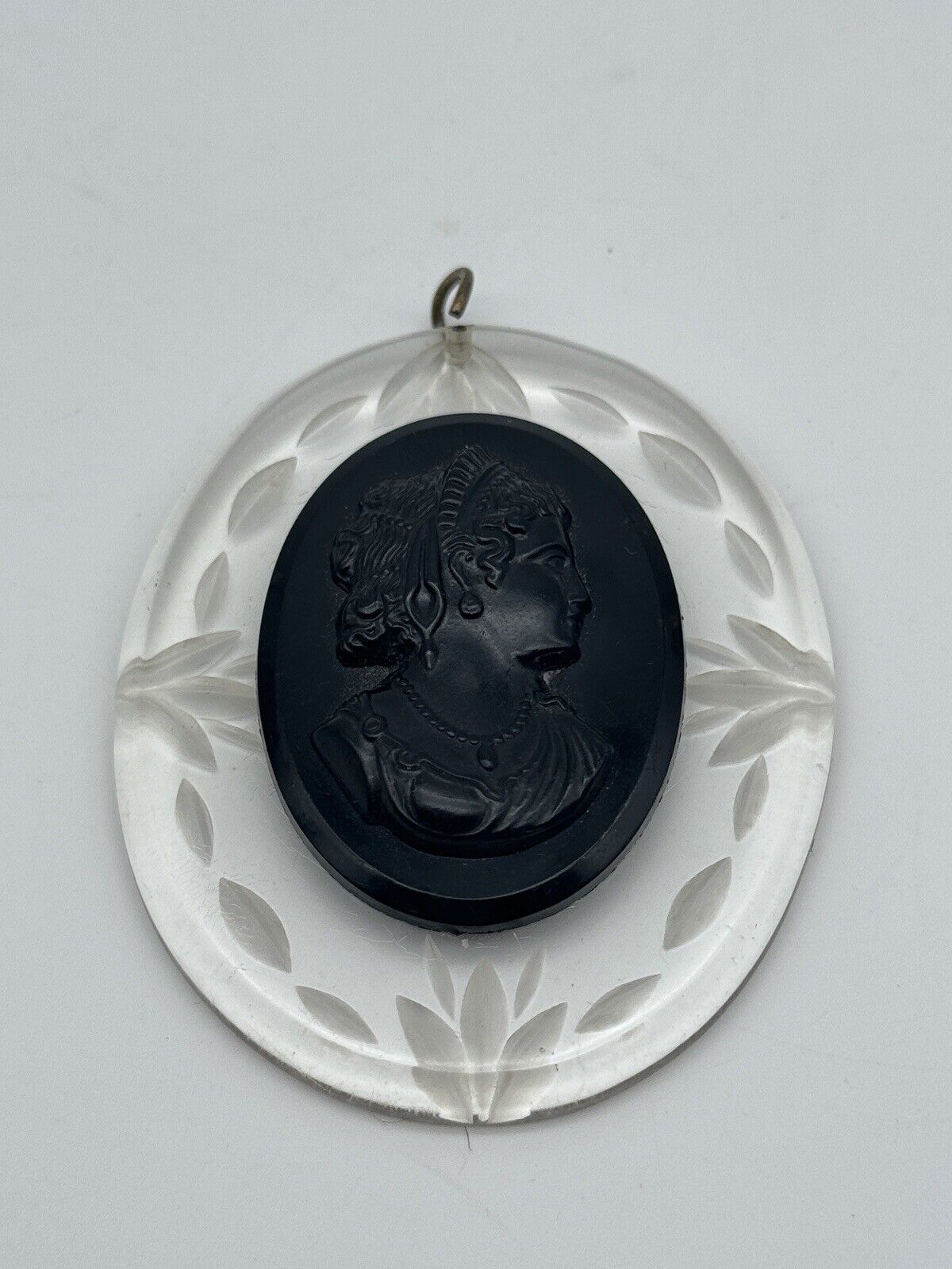 Large Vintage Black Cameo Pendant Thermoset On Clear Carved Lucite ESTATE FIND