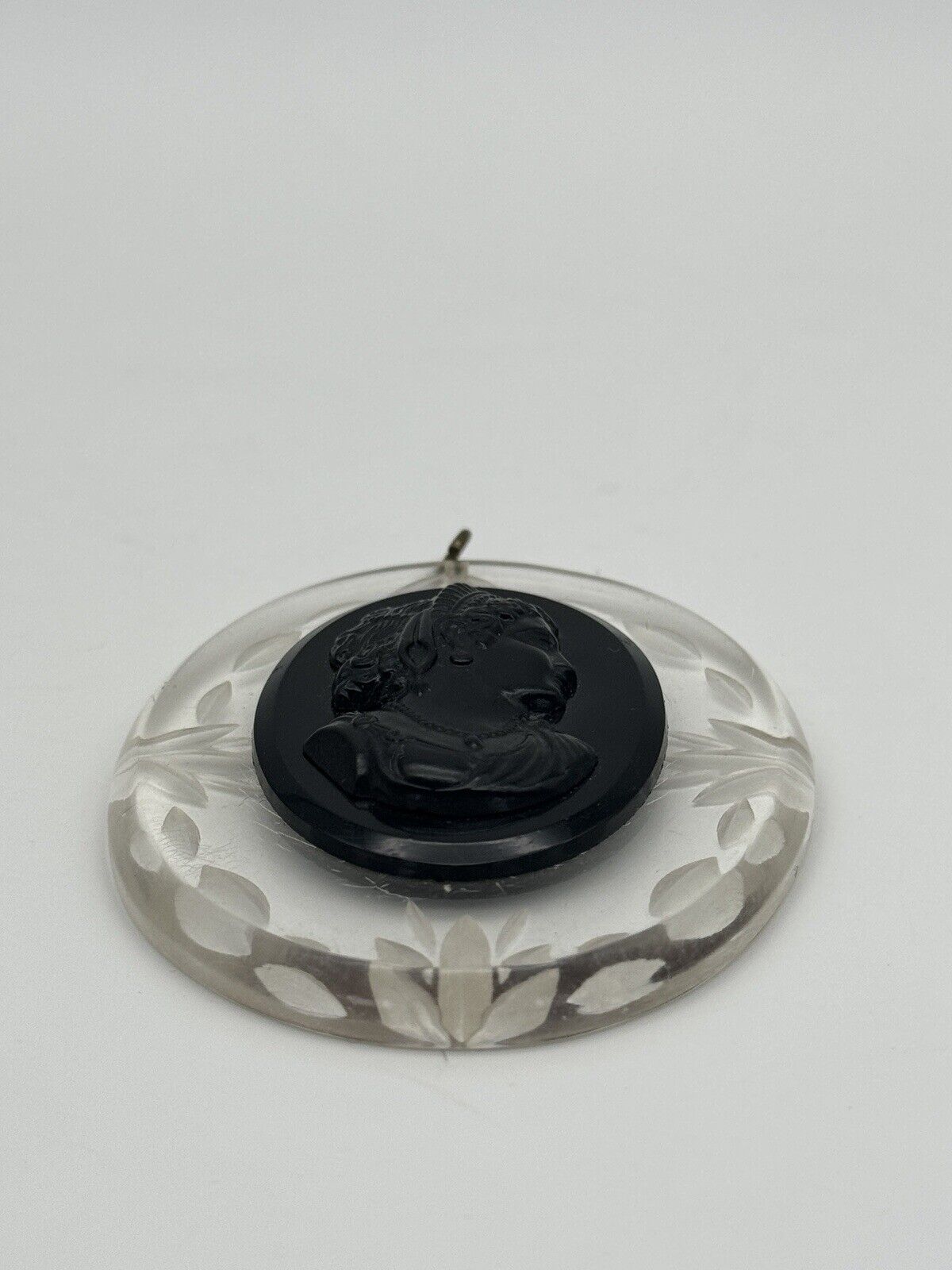 Large Vintage Black Cameo Pendant Thermoset On Clear Carved Lucite ESTATE FIND