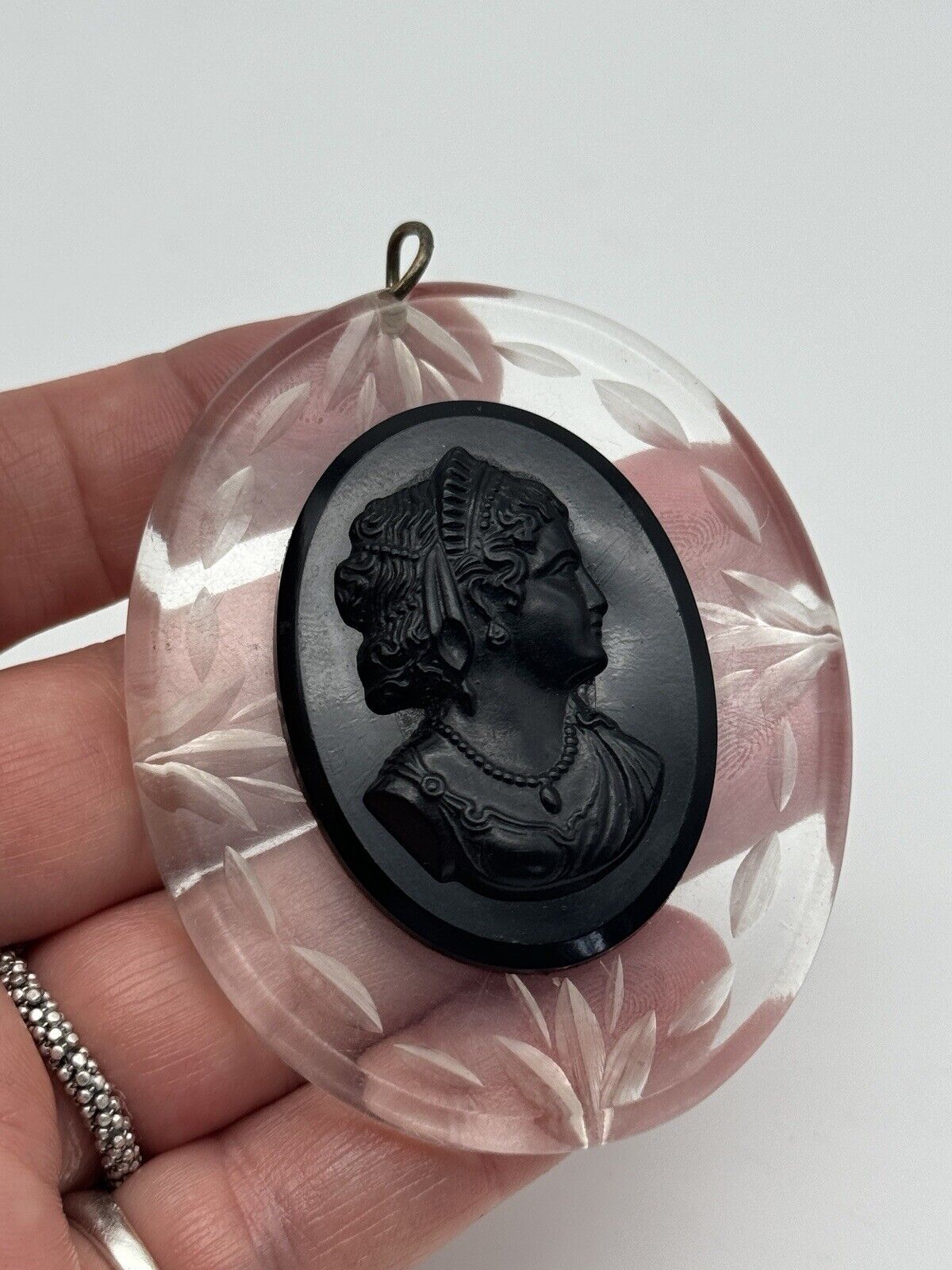 Large Vintage Black Cameo Pendant Thermoset On Clear Carved Lucite ESTATE FIND