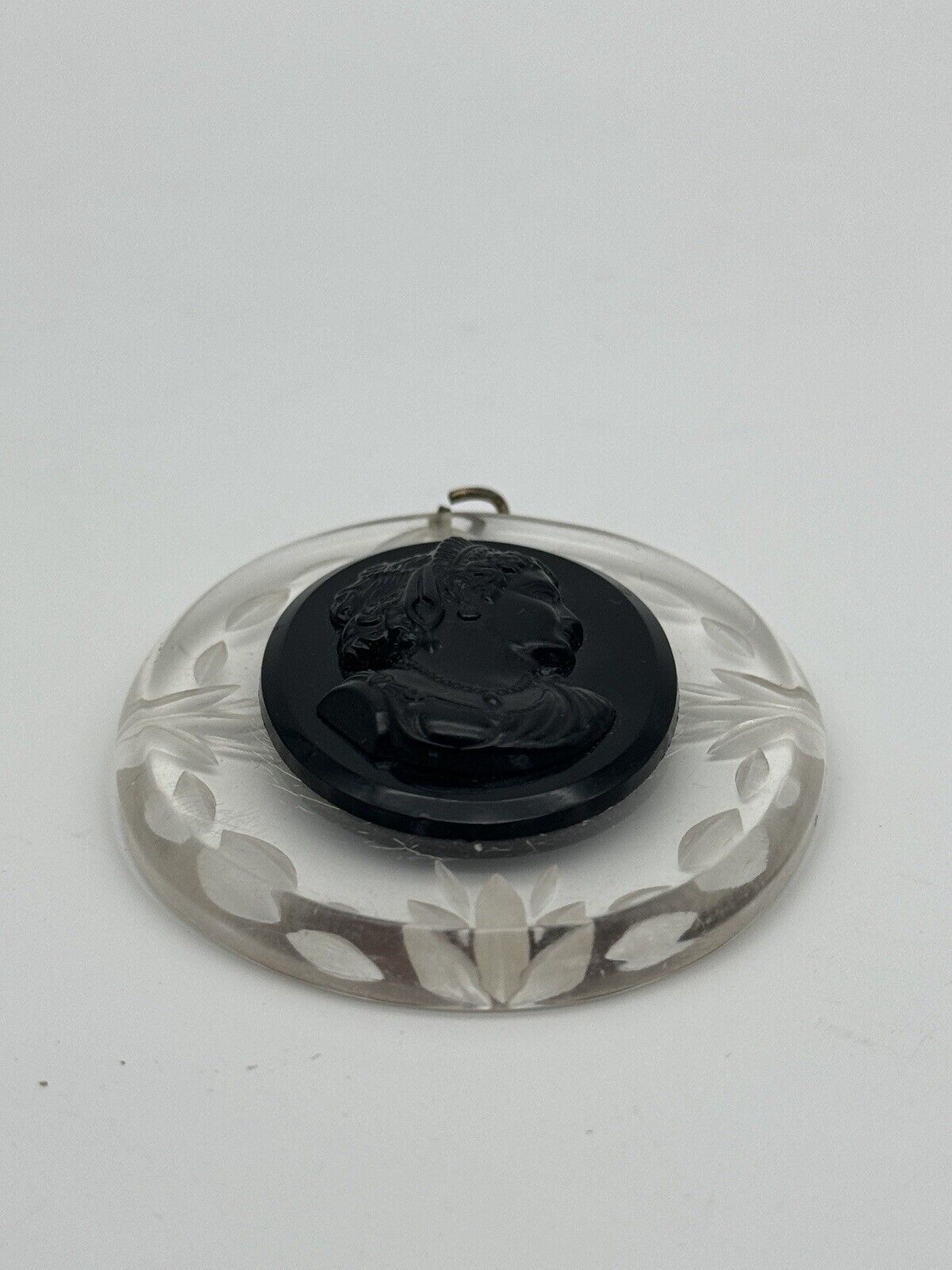 Large Vintage Black Cameo Pendant Thermoset On Clear Carved Lucite ESTATE FIND