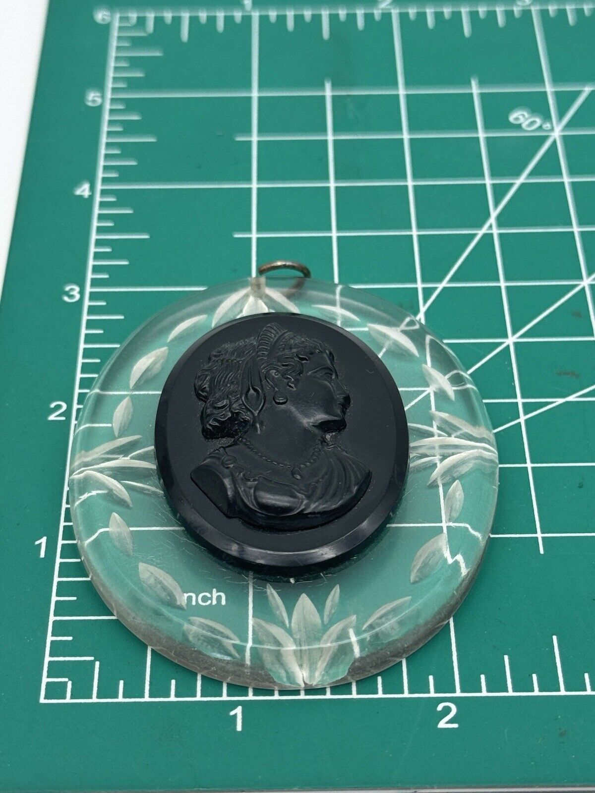 Large Vintage Black Cameo Pendant Thermoset On Clear Carved Lucite ESTATE FIND