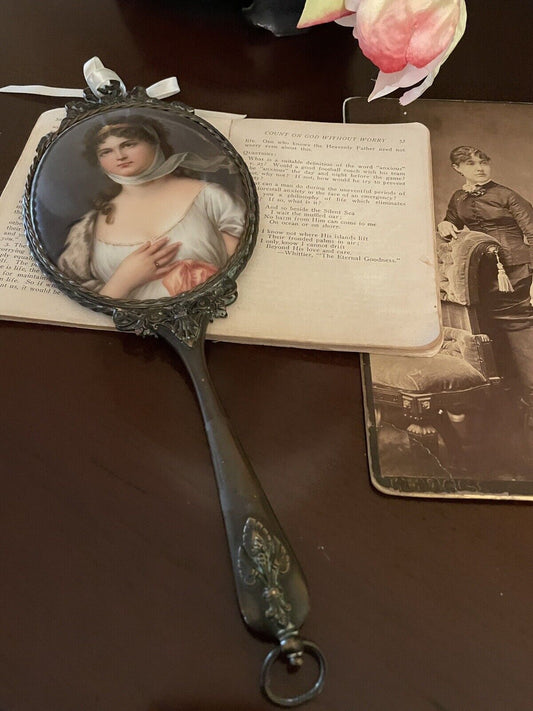 Antique Hand Painted Portrait Hand Held Mirror showing Queen Louise Of Prussia 10.5” Hand Painted
