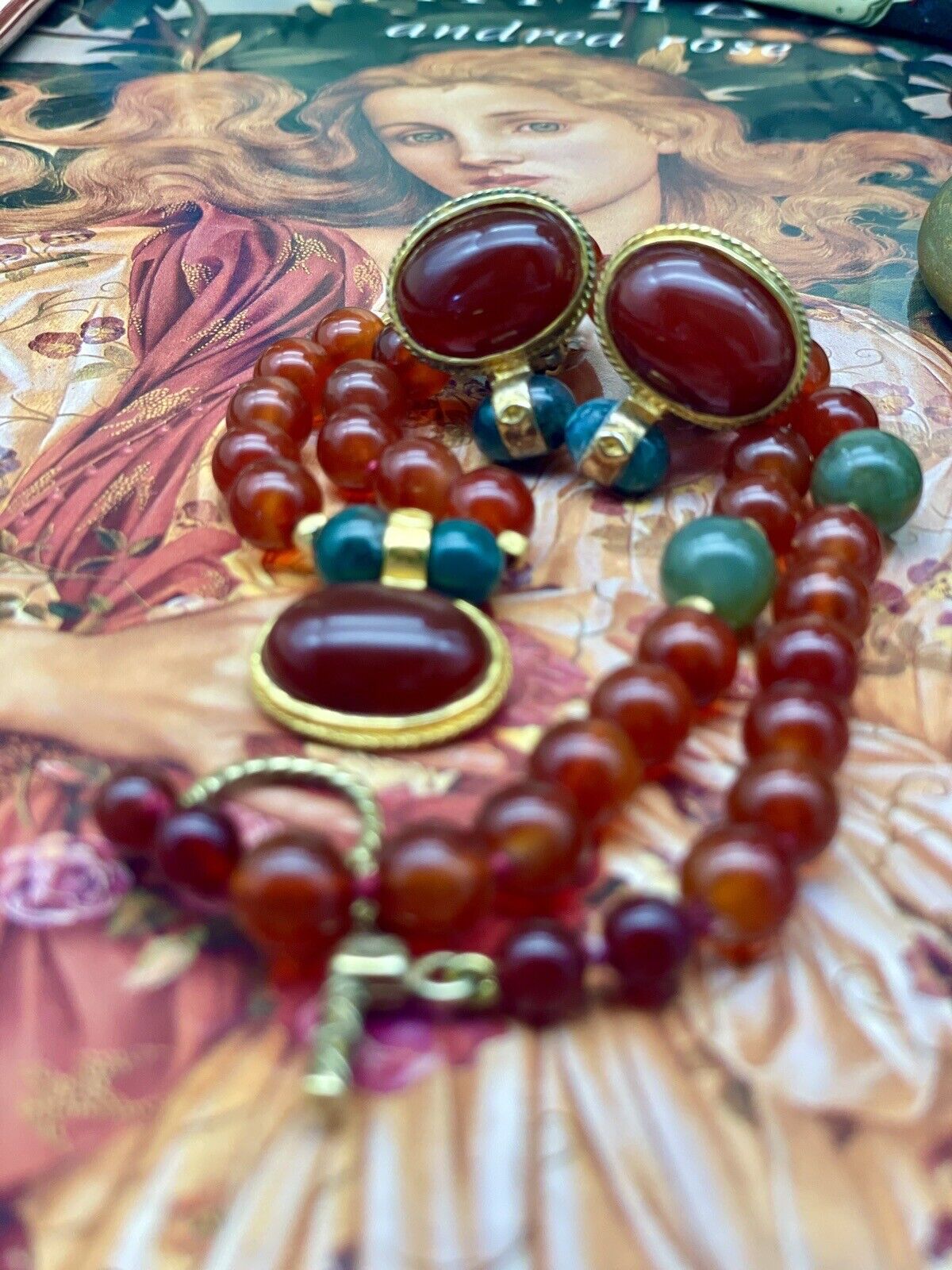 Vintage “Carnelian Jade”  Style Gold Plated Necklace & Earrings By JADED SIGNED