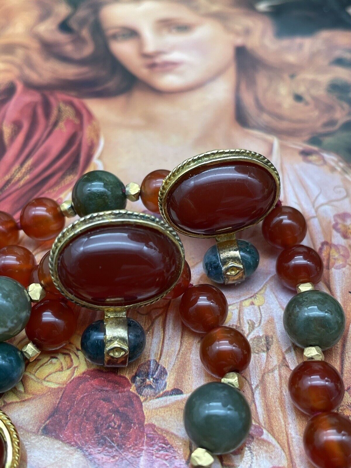 Vintage “Carnelian Jade”  Style Gold Plated Necklace & Earrings By JADED SIGNED