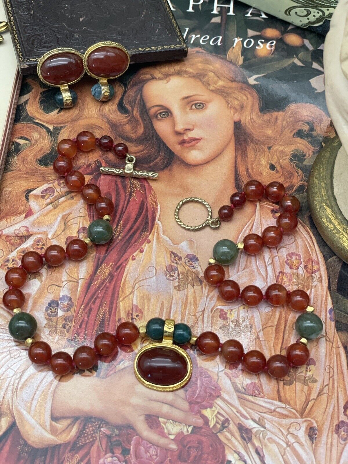 Vintage “Carnelian Jade”  Style Gold Plated Necklace & Earrings By JADED SIGNED