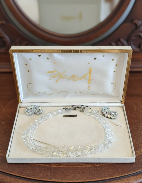 Vintage Taylor Maid Rock AB Crystal 2 Strand Necklace With Earrings In Box