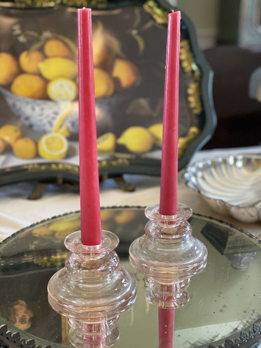 Pink Glass Candlesticks Holders VINTAGE