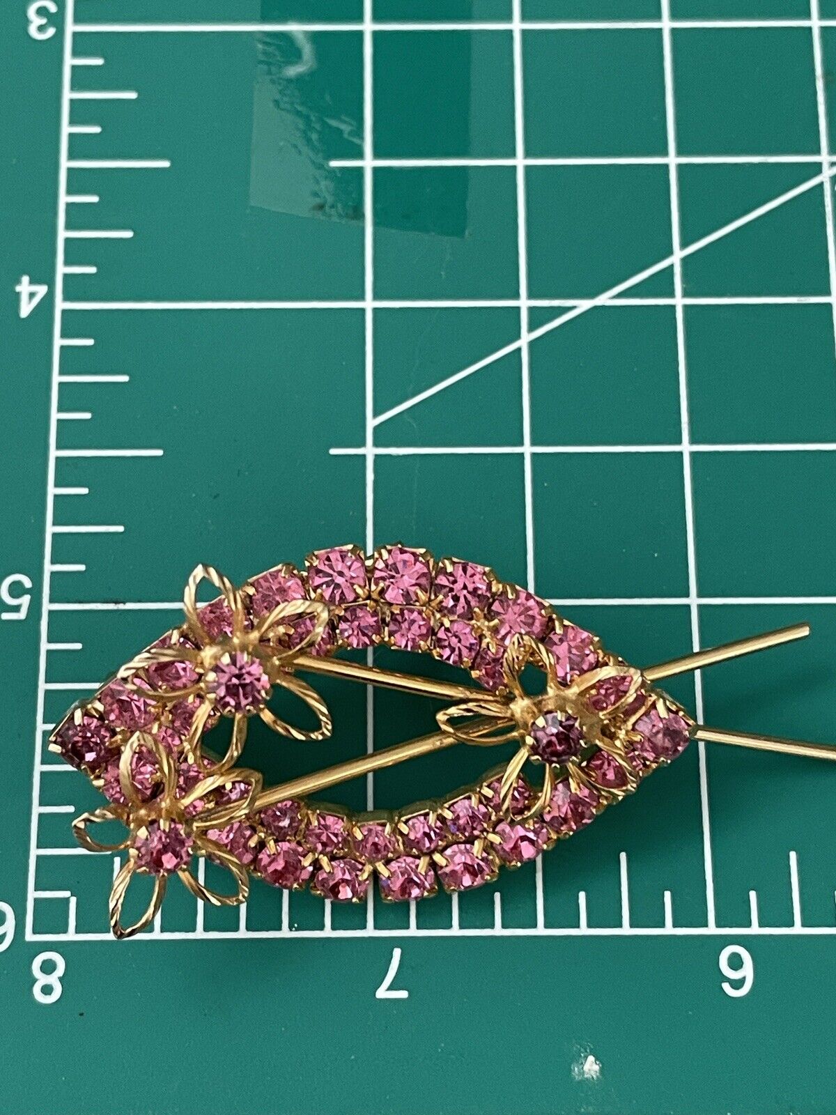 Pink Rhinestone Brooch Gold Tone With Floral Accent Vintage MCM