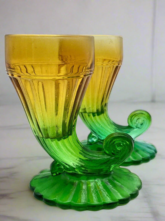 Vintage Cornucopia Vases Jeannette Glass